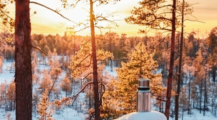 Thermos in the winter forest at sunset of the day with sunset. Winter tourism and travel concept.