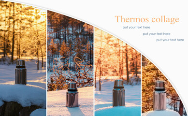 Collage of thermos in the winter forest. Winter hike and recreation concept.