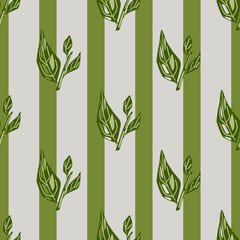 Abstract botanical seamless pattern with contoured leaf branches. Striped grey and green background.