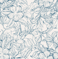 Hand drawn botanical background with flowers and leaves in blue