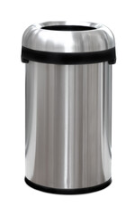 Close up of round trash can made of polished stainless steel. Public metal trash garbage can isolated on white background with clipping path.