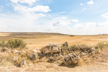 Fototapeta na wymiar Landscape in summer with a few rocks on a mowed field and a blue sky
