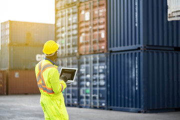 African technician dock worker in protective safety jumpsuit uniform and with hardhat and use laptop computer at cargo container shipping warehouse. transportation import,export logistic industrial