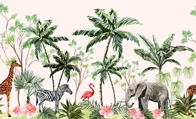 Wall murals Vintage botanical landscape Hand drawn tropical vintage botanical landscape, illustration with palm trees, banana trees, palm leaves, hibiscus flowers, giraffe, zebra, elephant. Floral seamless border blue background. 