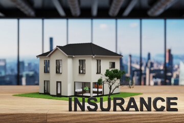 building insurance, modern house villa style standing on wooden desk in modern office, skyline view, 3D Illustration