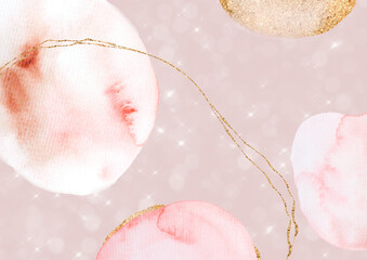 Frame for invitation with a ready-made modern design. Watercolor shapes with gold glitter in pink tones.