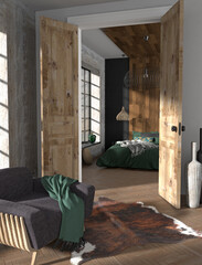 Loft style bedroom with wooden wall panels, green bedding, view through open wooden doors, modern interior