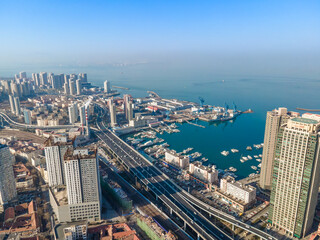 Aerial photography of architectural landscape skyline in Qingdao Bay