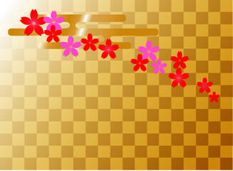 桜の花の和柄素材(金色の市松文様背景)のベクター