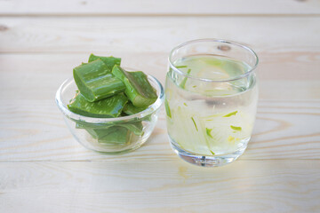 Aloe Vera for drinking on wood table