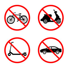 illustration set of a sign prohibited the movement of a motorcycle, car, scooter and bicycle in a red crossed out circle on a white background