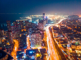 Fototapeta na wymiar Aerial photography of Qingdao urban architectural landscape at night