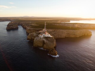 Aerial sunrise panorama of Cabo de Sao Vicente Cape St Vincent mediterranean Algarve cliff atlantic...
