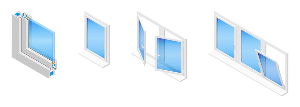 Isometric Vector Illustration Plastic Windows Isolated On White Background. Casement Window In Different Positions: Closed, Tilted Open And Swung Fully Open. Double Glazed Window Pane PVC Profile.