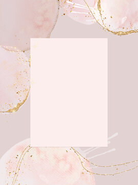 Frame for invitation with a ready-made modern design. Watercolor shapes with gold glitter in pink tones.