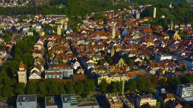 Aerial view of the old town of the city Ravensburg on a sunny day in Spring 