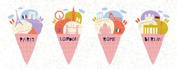 Concept of summer vacation in popular cities: Paris, London, Rome, Berlin. Set of ice cream with urban architecture. Creative modern illustration.