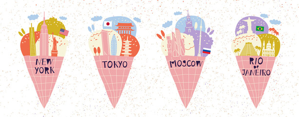 Concept of summer vacation in popular cities: New York, Moscow, Tokyo, Rio de Janeiro. Set of ice cream with urban architecture. Creative modern illustration.