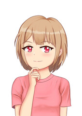 Closeup short light brown hair red eye beautiful anime girl looking right deep thinking creative person arm on the chin with a smiley face wearing short pink T-shirt isolated white background