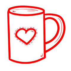 Sketch of Mug with the heart print. Vector doodle simple illustration