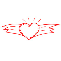 Hand drawn Valentines day wings with a heart in doodle style. Vector outline illustration. Design for Valentine's Day, march 8, wedding