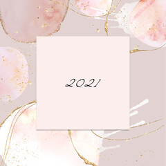 Square frame 2021. Watercolor shapes in pink tones with gold glitter