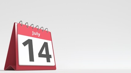 July 14 date on the flip desk calendar page, blank space for user text, 3d animation
