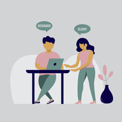 modern flat people character. The client asks the designer for a design revision,  choose a design concept. ideal for websites, landing pages, UI, mobile applications, posters, banners.