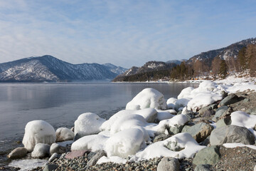 Lake Teletskoye in winter, Altai. Russia