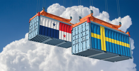 Freight containers with Sweden and Panama national flags. 3D Rendering 