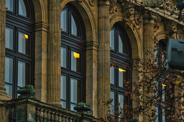 offices with warm light inside buildings cold autumn morning warm cold contrast