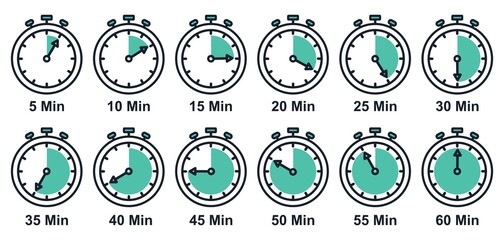 Timers icon set on white background in thin line style. Stopwatch symbol. countdown  clock counter timer vector illustration