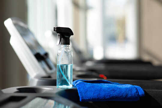 Bottle of alcohol And cleaning cloth for exercise equipment preventive disease of the Covid 19 virus