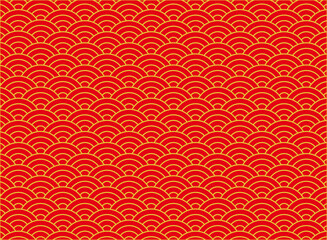 青海波模様の和柄背景(赤背景に金色の線)