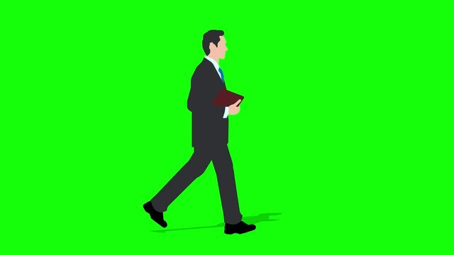 Walking business man cartoon animation. Loop animation ( 4K video ).  green background for background transparent use.