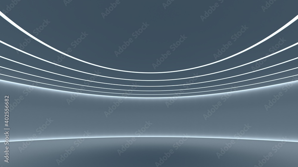 Poster Abstract Sci-Fi Future Hall of rounded shape. Indigo blue Decorated with white neon glowing beams The concept of space in a modern space chip. 3D rendering
