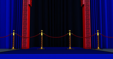 3d render of red arabic door with red rope barrier, blue carpet, vip concept