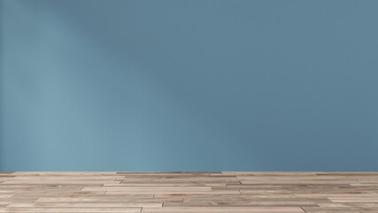 Dark blue wall in an empty room with a wooden floor. For graphics, web site, brander, product display media. 3D rendering