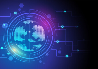 Digital and technology around the world on the blue background, cyberspace, connection, presentation
