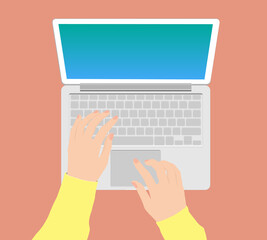 Female hand operating a laptop keyboard. frame, copy space, vector illustration, graphic, real, beige,