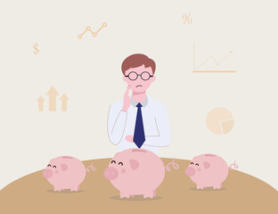 men choose to keep money in the piggy bank,Business concept, vector illustration flat style