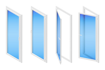 Set of isometric vector illustrations metal plastic PVC balcony doors or windows isolated on white background. Set of opened and closed glass balcony doors icons in flat cartoon style. Energy Saving. 