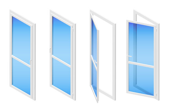 Set of isometric vector illustrations metal plastic PVC balcony doors or windows isolated on white background. Set of opened and closed glass balcony doors icons in flat cartoon style. Energy Saving. 