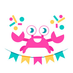 Birthday party illustration with cartoon pink cancer or crab, colorful flags, confetti isolated on white backdrop. Perfect for greeting, invitation card. Themes: kids birthday, zodiac sign, baby show 