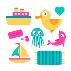 Cartoon cute bath tools set for kids. Toy duck, yacht, jellyfish, dolphin, boat. Tools items collection on white. Health care, hygiene, bathroom supplies concept. Isolated flat vector illustration set