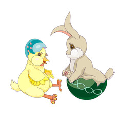 Cute Easter bunny in eggshell and spring chick on white isolated background, vector rabbit and chick, isolated hare and chick in Cartoon style, concept of Spring Holiday, Easter mascots, Pets.