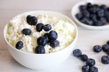 homemade cottage cheese with blueberries, healthy food
