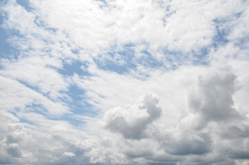 Panorama of blue sky with white fluffy clouds in sunny weather. Background or texture