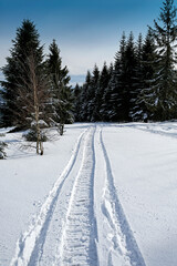 fresh snowmobile trail in the snow on a mountain slope