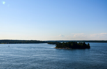 Small rocky islands in the Stockholm archipelago, on the Baltic Sea in the early morning. Swedish landscape
